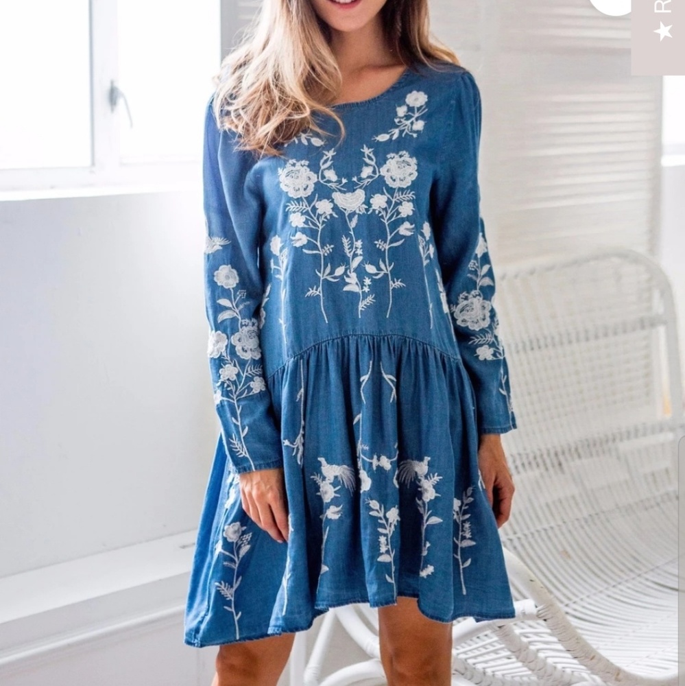 Embroidered Denim Dress